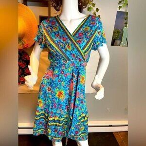Bohemian Print Aqua Blue Short Sleeve Wrap Mini Dress, Sundress Size S RefJ029-2